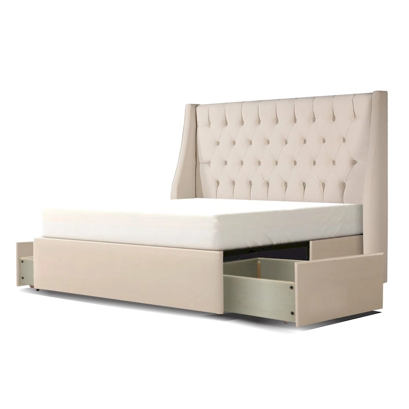 Upholstered Platform Bed with 2 Storage Drawers, Wing-Back Tufted Headboard, Queen & King