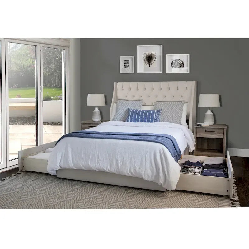Upholstered Platform Bed with 2 Storage Drawers, Wing-Back Tufted Headboard, Queen & King
