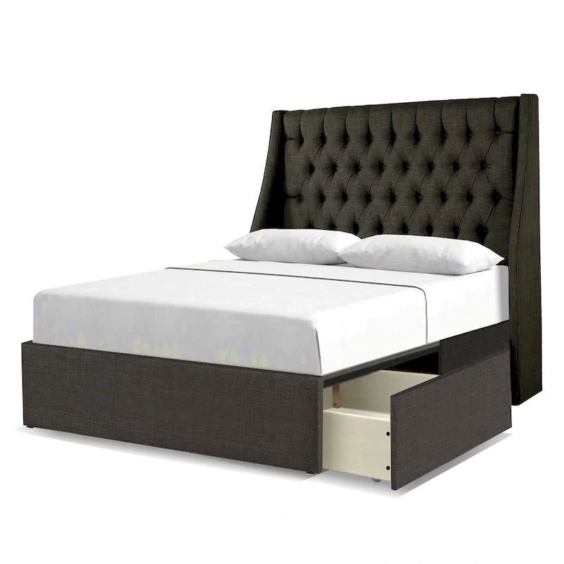 Upholstered Platform Bed with 2 Storage Drawers, Wing-Back Tufted Headboard, Queen & King