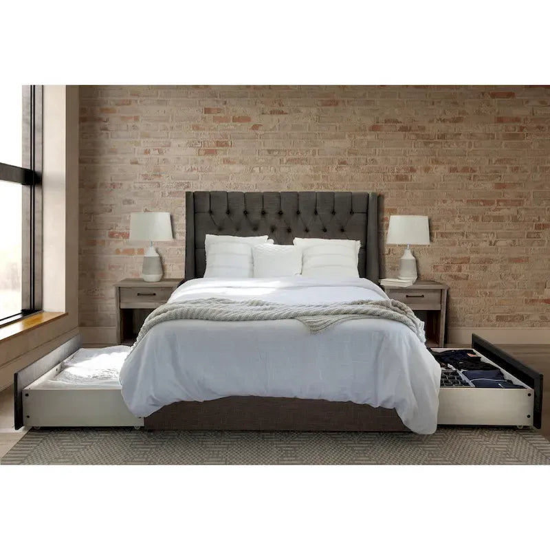 Upholstered Platform Bed with 2 Storage Drawers, Wing-Back Tufted Headboard, Queen & King