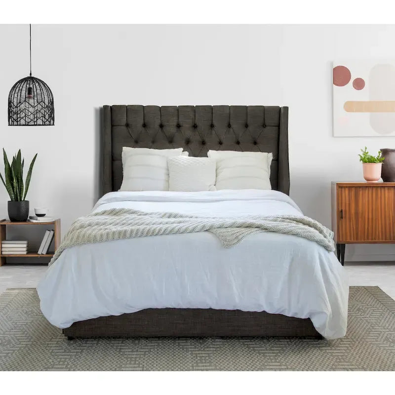 Upholstered Platform Bed with 2 Storage Drawers, Wing-Back Tufted Headboard, Queen & King