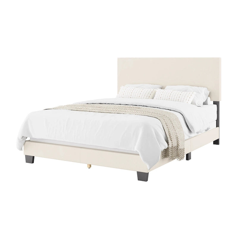 Boucle Upholstered Platform Bed Frame with Padded Headboard | Box Spring Required