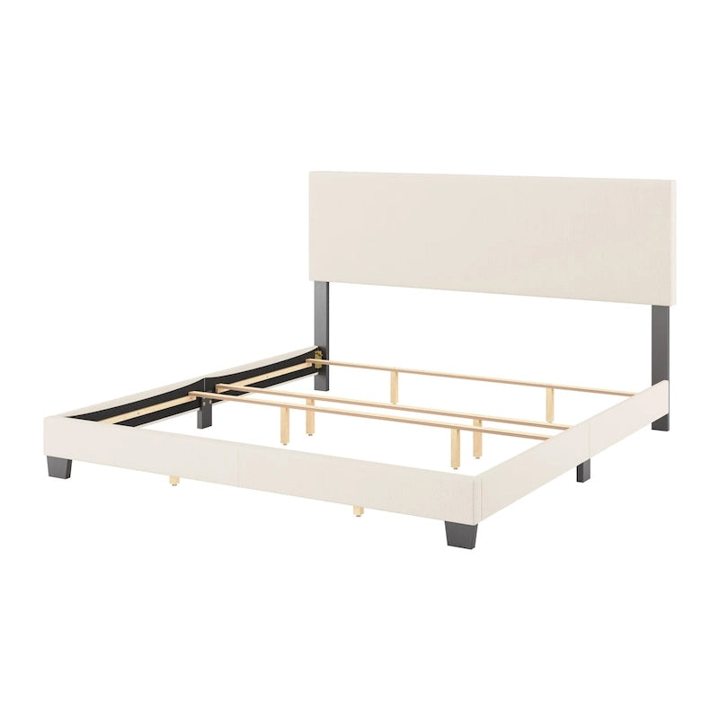 Boucle Upholstered Platform Bed Frame with Padded Headboard | Box Spring Required