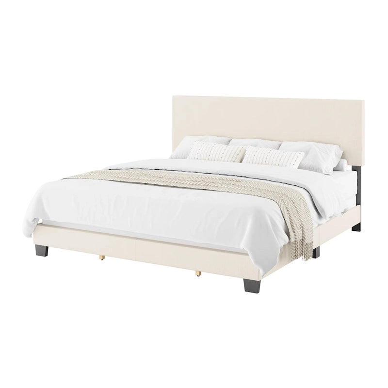 Boucle Upholstered Platform Bed Frame with Padded Headboard | Box Spring Required