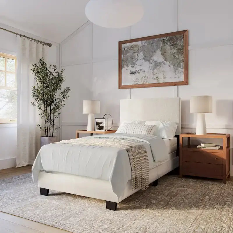 Boucle Upholstered Platform Bed Frame with Padded Headboard | Box Spring Required
