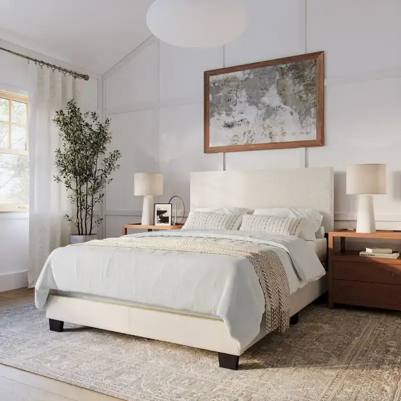 Boucle Upholstered Platform Bed Frame with Padded Headboard | Box Spring Required