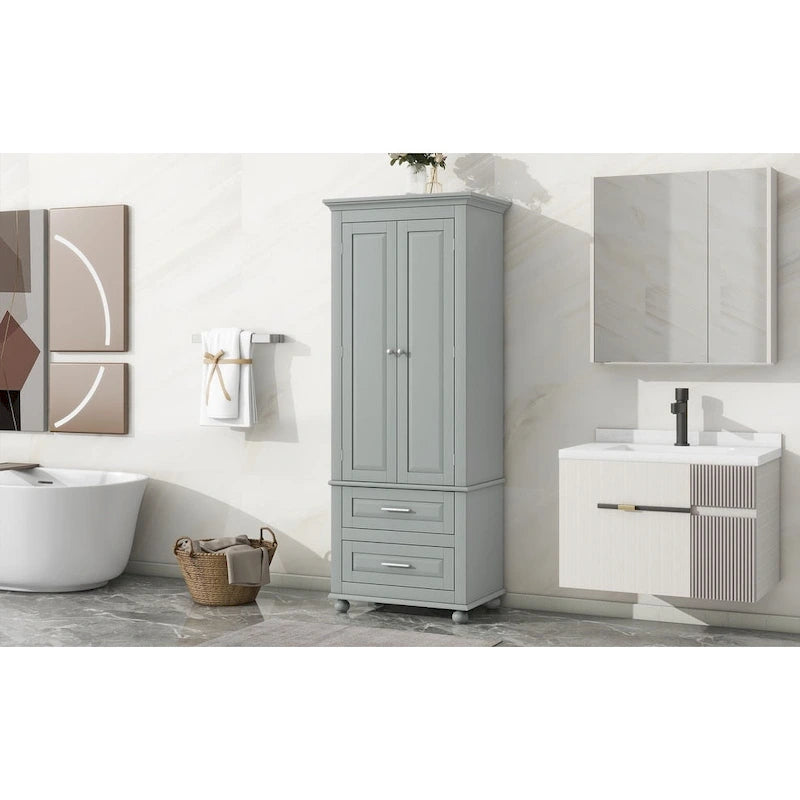 Tall Storage Cabinet with 2 Drawers & Adjustable Shelf, MDF, for Bathroom Office Kitchen, Grey/White