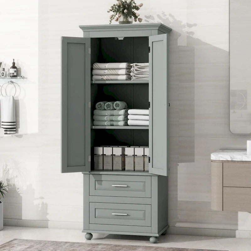 Tall Storage Cabinet with 2 Drawers & Adjustable Shelf, MDF, for Bathroom Office Kitchen, Grey/White