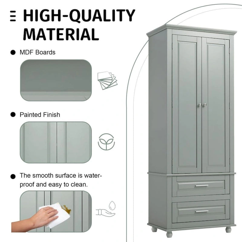 Tall Storage Cabinet with 2 Drawers & Adjustable Shelf, MDF, for Bathroom Office Kitchen, Grey/White