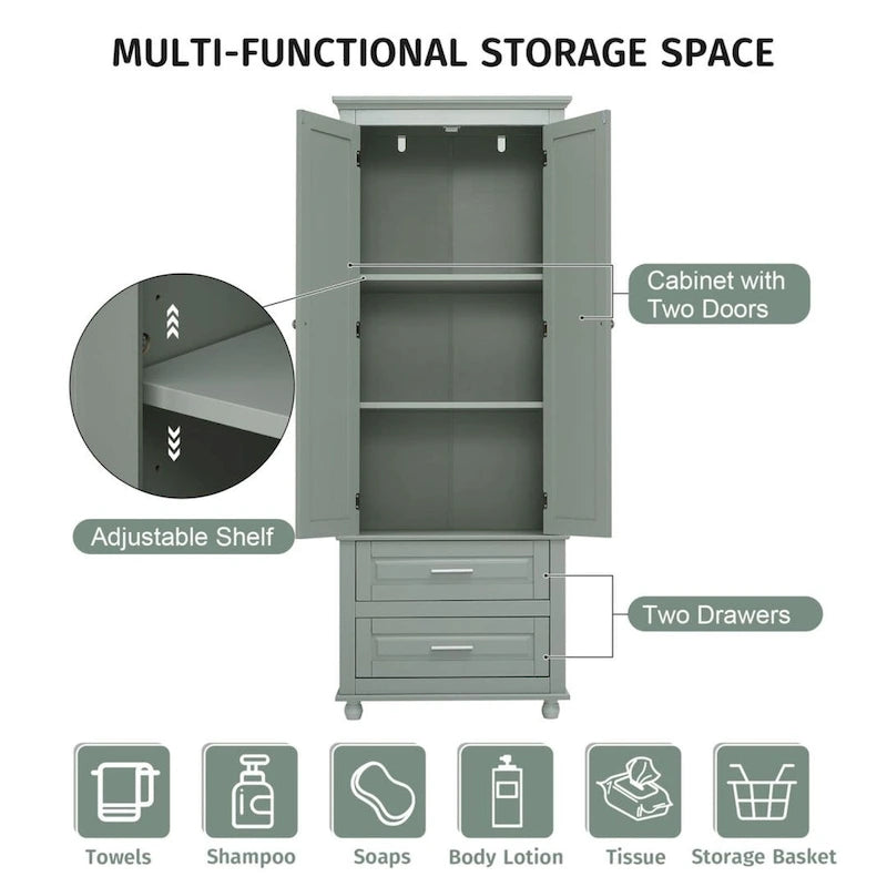 Tall Storage Cabinet with 2 Drawers & Adjustable Shelf, MDF, for Bathroom Office Kitchen, Grey/White