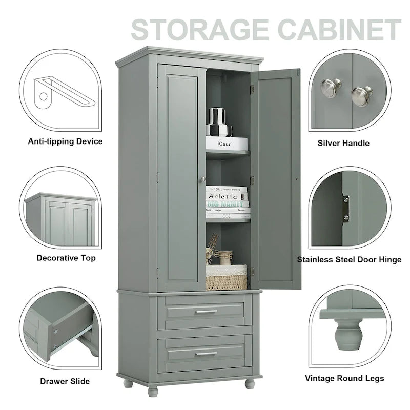 Tall Storage Cabinet with 2 Drawers & Adjustable Shelf, MDF, for Bathroom Office Kitchen, Grey/White