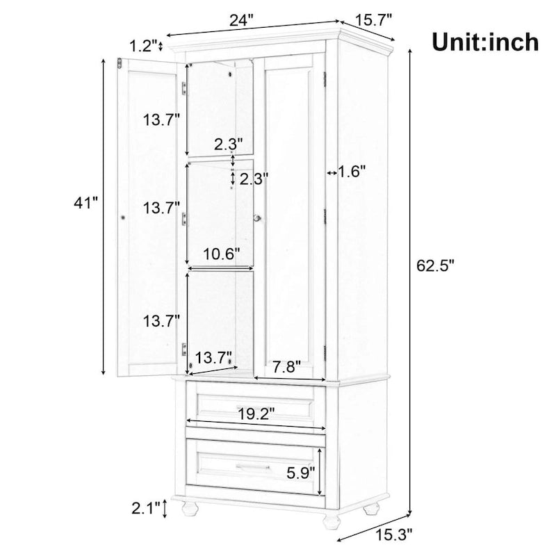 Tall Storage Cabinet with 2 Drawers & Adjustable Shelf, MDF, for Bathroom Office Kitchen, Grey/White