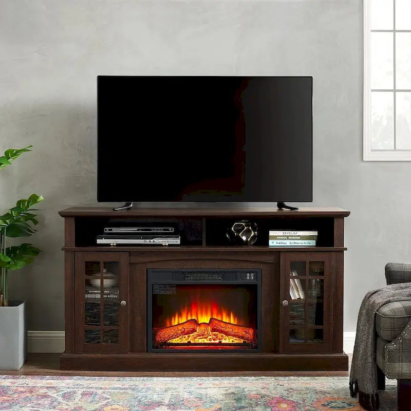 58" TV Stand for TVs up to 65" with 23" Electric Fireplace Insert, Storage Cabinets, Gray Wash/Espresso