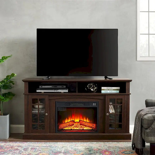 58" TV Stand for TVs up to 65" with 23" Electric Fireplace Insert, Storage Cabinets, Gray Wash/Espresso