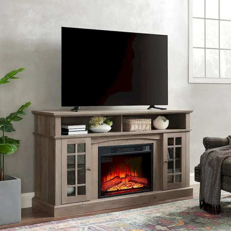 58" TV Stand for TVs up to 65" with 23" Electric Fireplace Insert, Storage Cabinets, Gray Wash/Espresso
