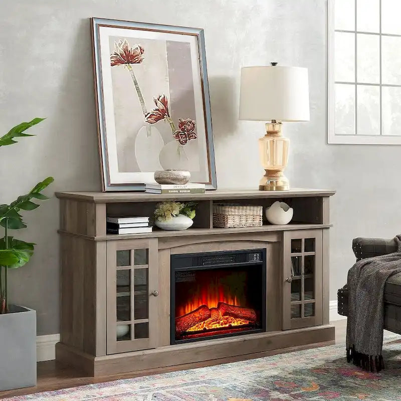 58" TV Stand for TVs up to 65" with 23" Electric Fireplace Insert, Storage Cabinets, Gray Wash/Espresso