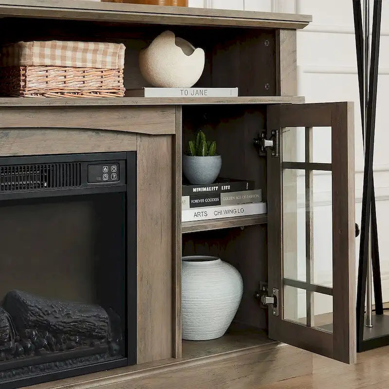 58" TV Stand for TVs up to 65" with 23" Electric Fireplace Insert, Storage Cabinets, Gray Wash/Espresso