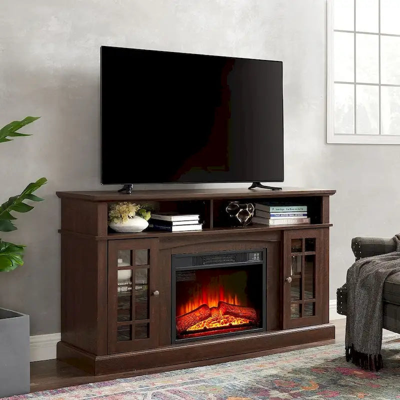 58" TV Stand for TVs up to 65" with 23" Electric Fireplace Insert, Storage Cabinets, Gray Wash/Espresso