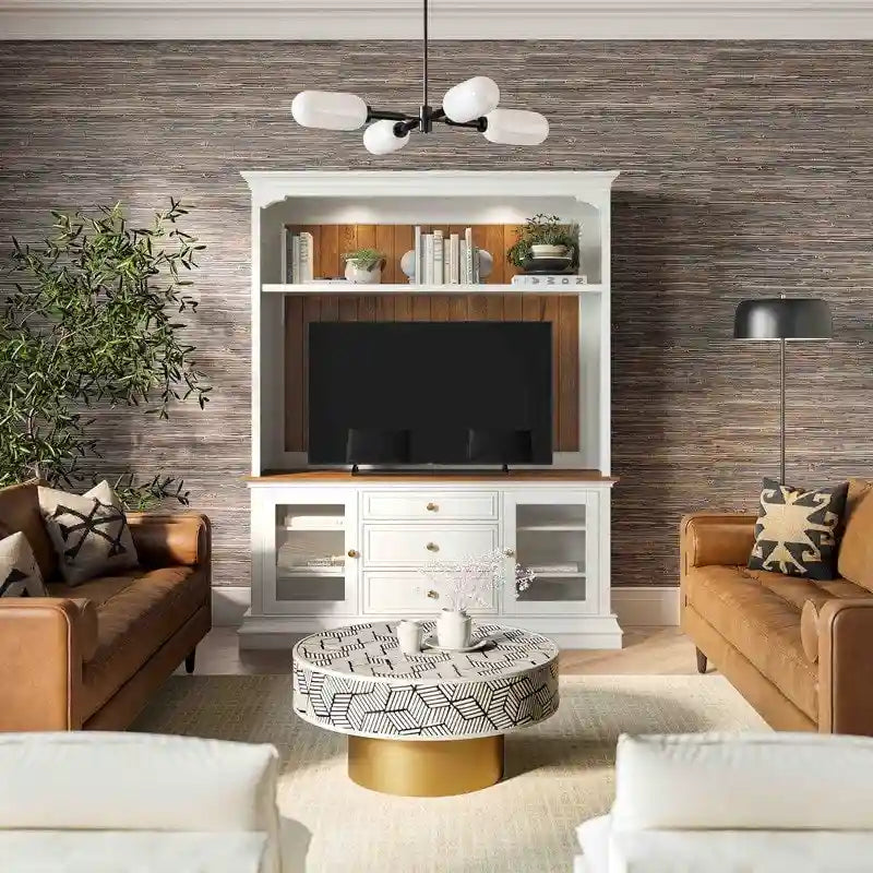 Entertainment Center TV Stand with Glass Doors, LED Light & Cord Management, 65" TV