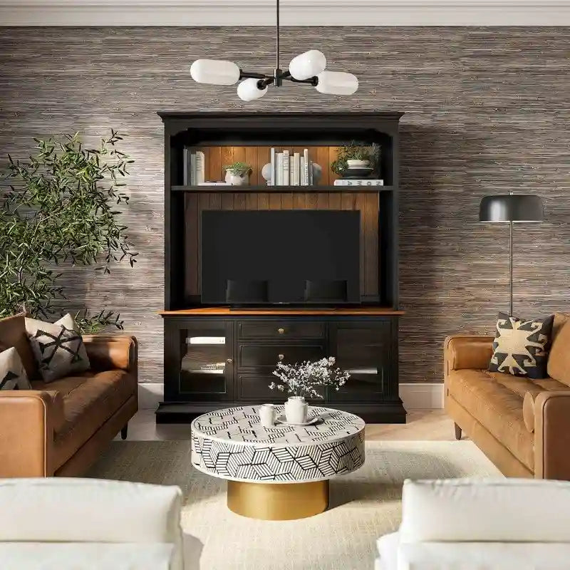 Entertainment Center TV Stand with Glass Doors, LED Light & Cord Management, 65" TV
