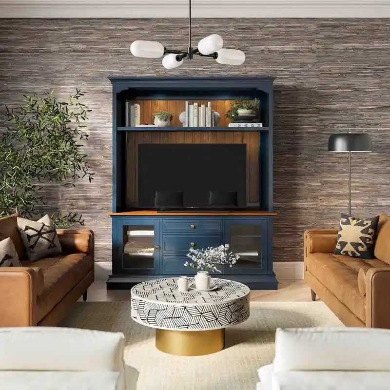 Entertainment Center TV Stand with Glass Doors, LED Light & Cord Management, 65" TV