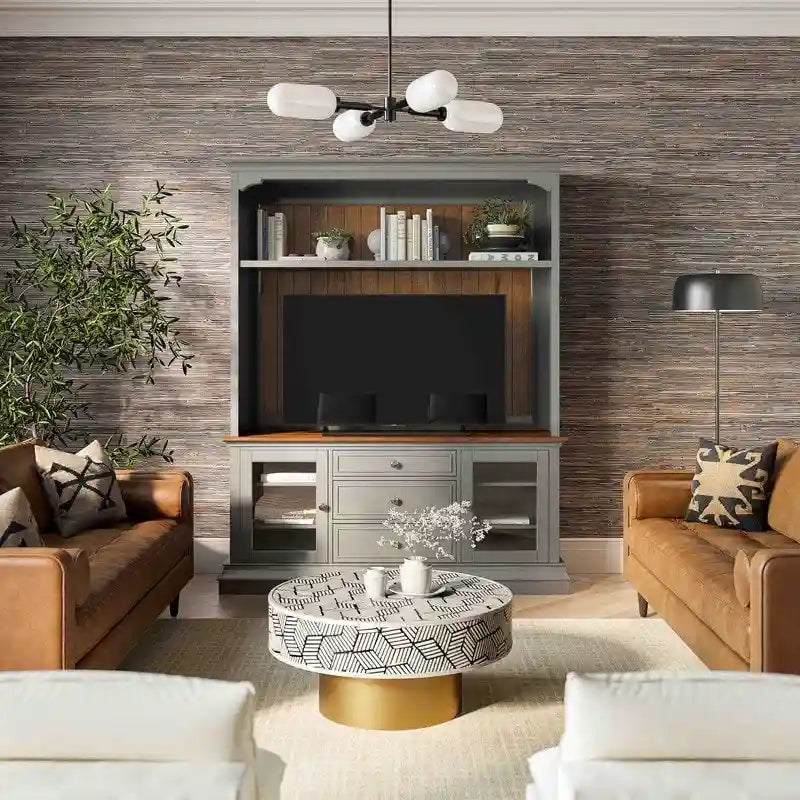 Entertainment Center TV Stand with Glass Doors, LED Light & Cord Management, 65" TV