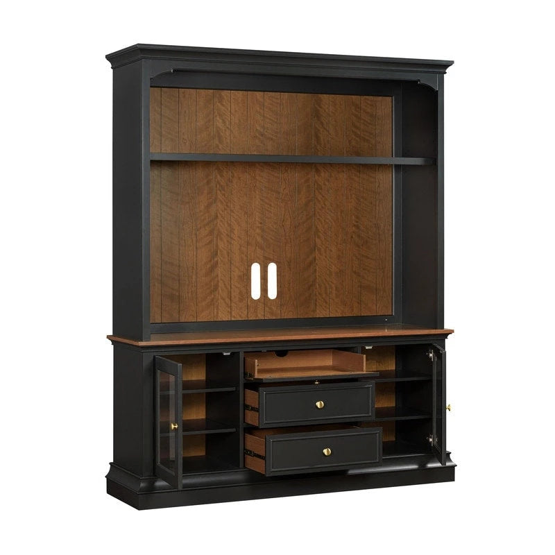Entertainment Center TV Stand with Glass Doors, LED Light & Cord Management, 65" TV