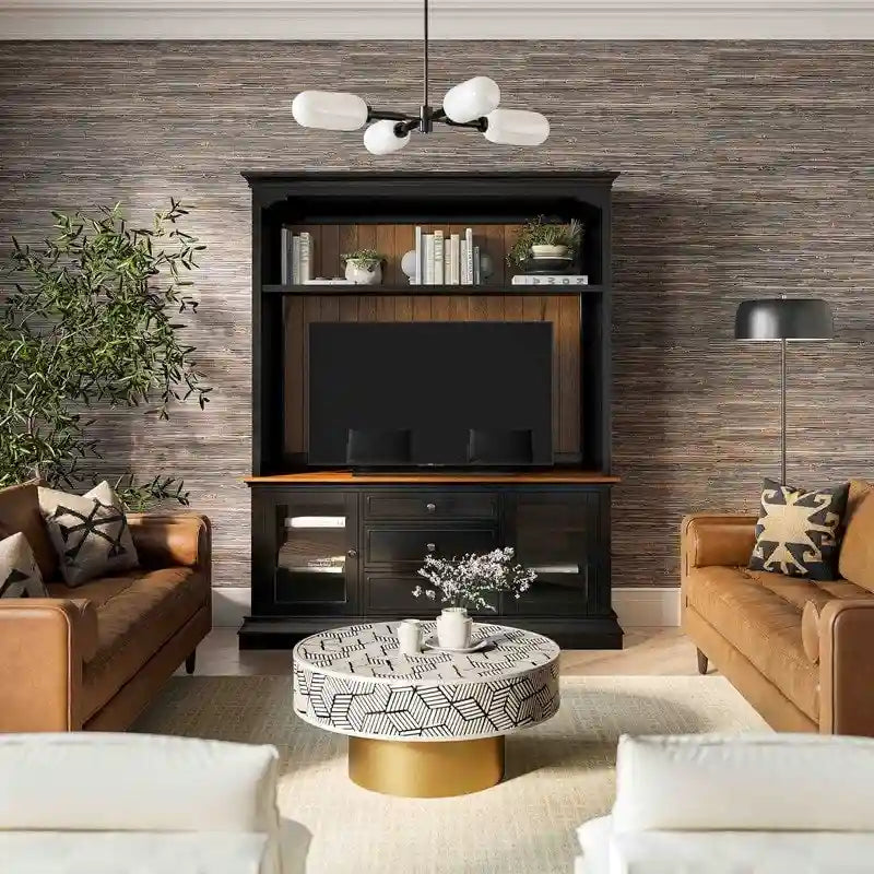 Entertainment Center TV Stand with Glass Doors, LED Light & Cord Management, 65" TV