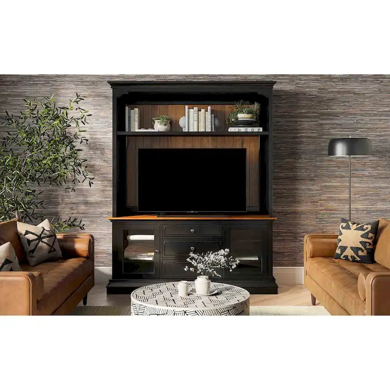 Entertainment Center TV Stand with Glass Doors, LED Light & Cord Management, 65" TV