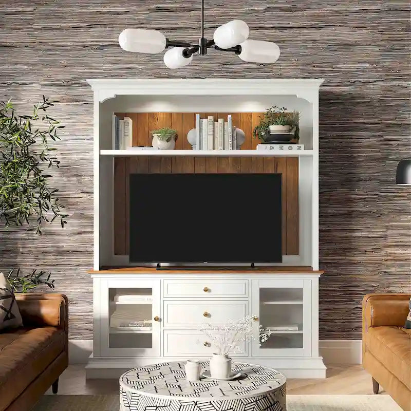 Entertainment Center TV Stand with Glass Doors, LED Light & Cord Management, 65" TV