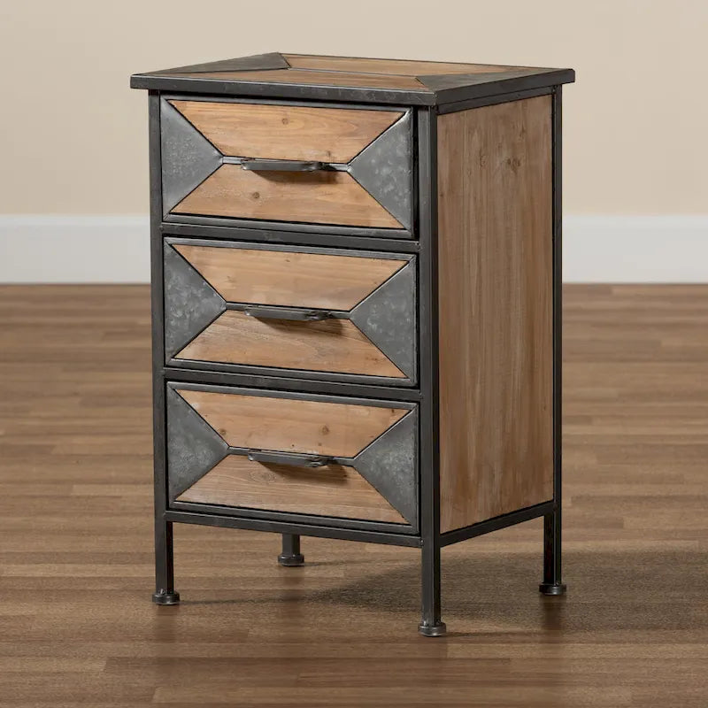 Rustic Industrial 3-Drawer End Table | Metal Frame & Oak Wood | Ash Grey, 23.8"H