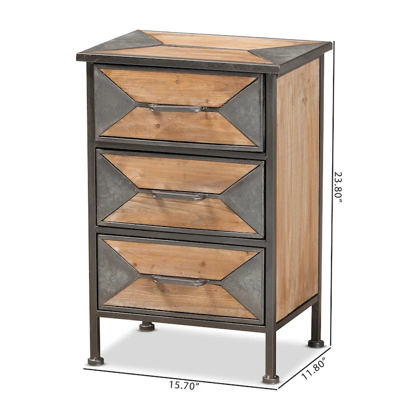 Rustic Industrial 3-Drawer End Table | Metal Frame & Oak Wood | Ash Grey, 23.8"H