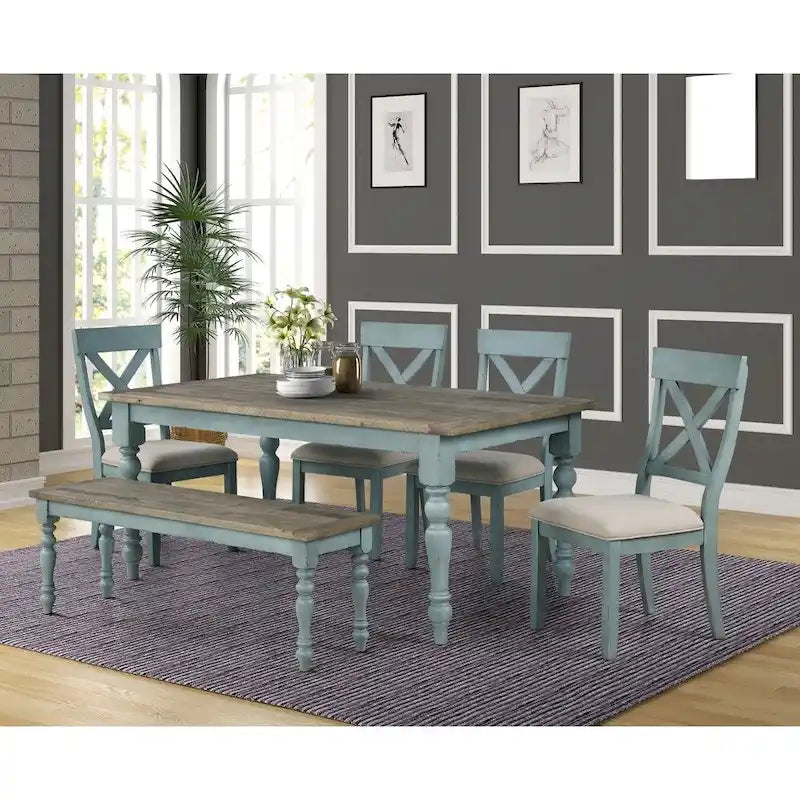 Farmhouse Rectangular Dining Table, 68"W x 38"D x 30"H, Solid Pine Base, MDF Top, Antique Blue & Brown