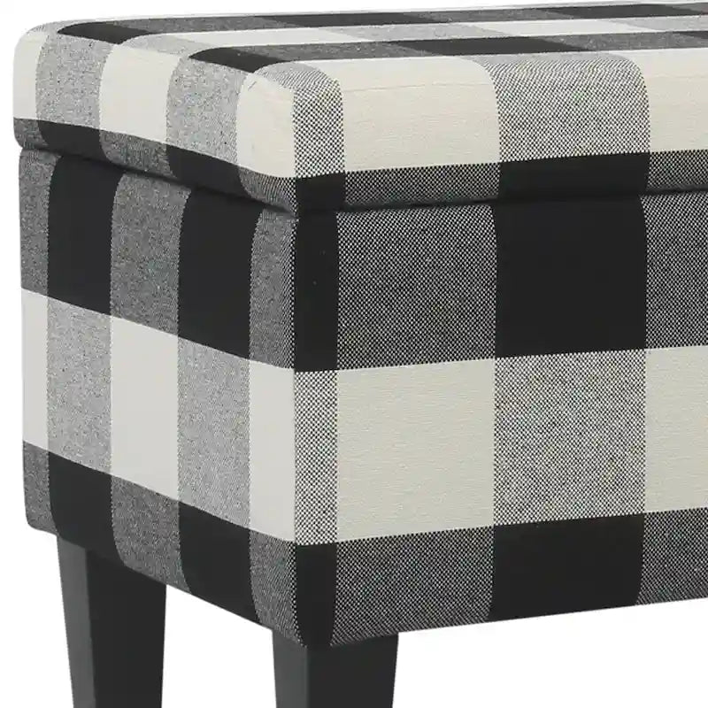 Large Storage Bench with Checkered Fabric Upholstery & Tapered Wood Legs, Black & White, 36"W