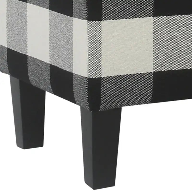 Large Storage Bench with Checkered Fabric Upholstery & Tapered Wood Legs, Black & White, 36"W