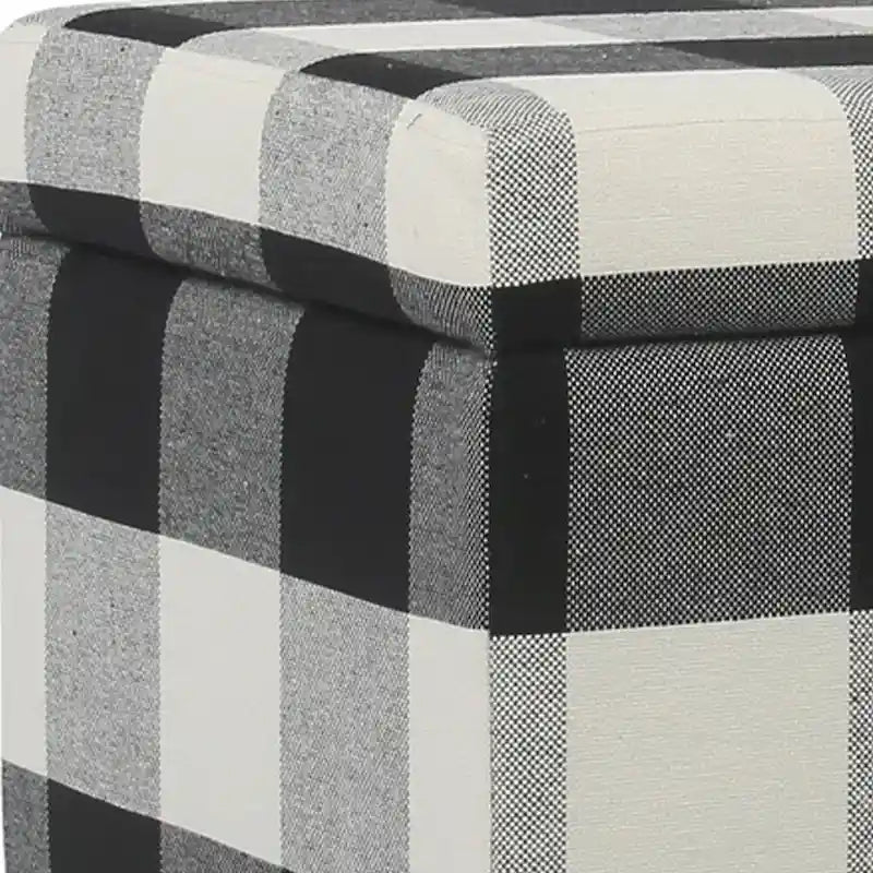 Large Storage Bench with Checkered Fabric Upholstery & Tapered Wood Legs, Black & White, 36"W