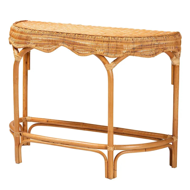 Natural Rattan Console Table, Bohemian Half-Moon Tabletop, Handwoven, 42W x 18.5D x 31.5H in.