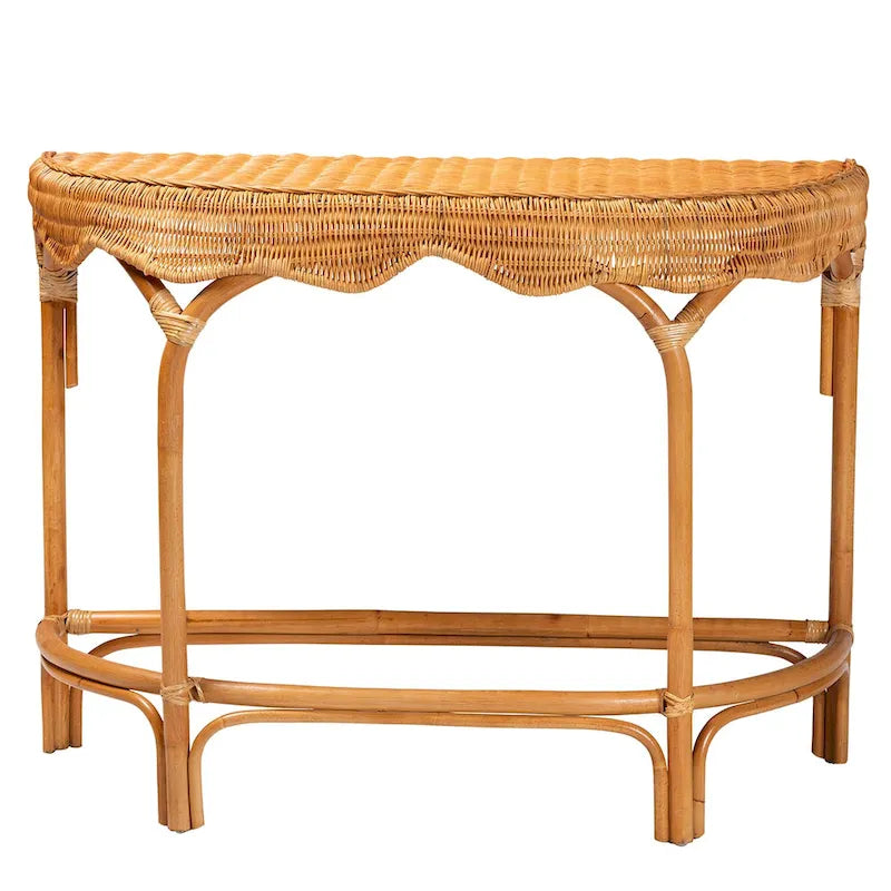 Natural Rattan Console Table, Bohemian Half-Moon Tabletop, Handwoven, 42W x 18.5D x 31.5H in.