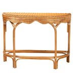 Natural Rattan Console Table, Bohemian Half-Moon Tabletop, Handwoven, 42W x 18.5D x 31.5H in.