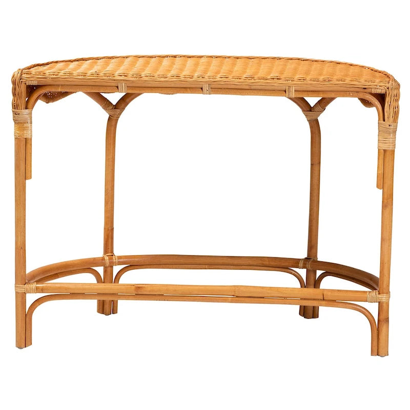 Natural Rattan Console Table, Bohemian Half-Moon Tabletop, Handwoven, 42W x 18.5D x 31.5H in.
