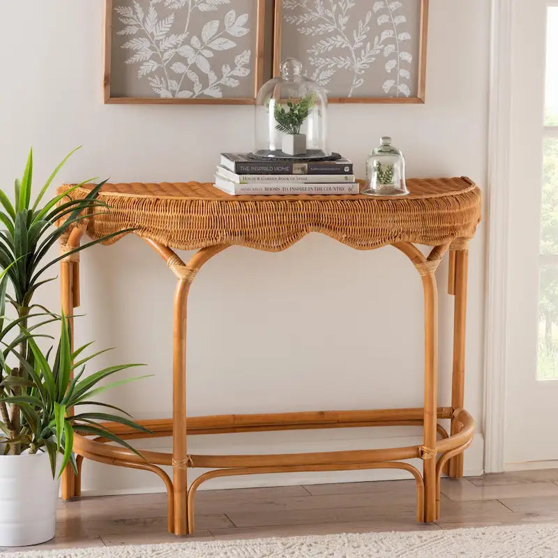 Natural Rattan Console Table, Bohemian Half-Moon Tabletop, Handwoven, 42W x 18.5D x 31.5H in.