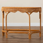 Natural Rattan Console Table, Bohemian Half-Moon Tabletop, Handwoven, 42W x 18.5D x 31.5H in.