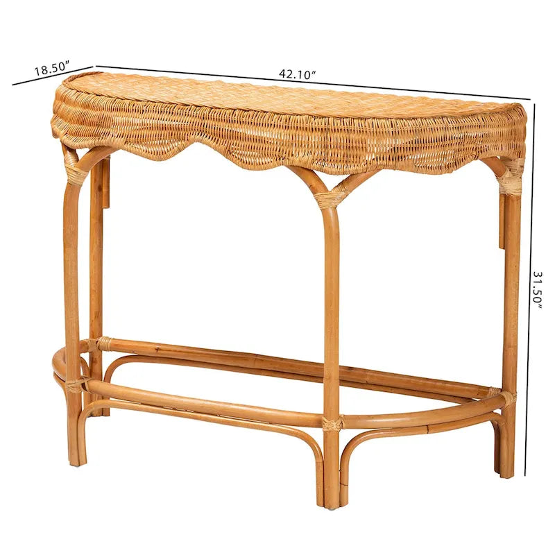 Natural Rattan Console Table, Bohemian Half-Moon Tabletop, Handwoven, 42W x 18.5D x 31.5H in.