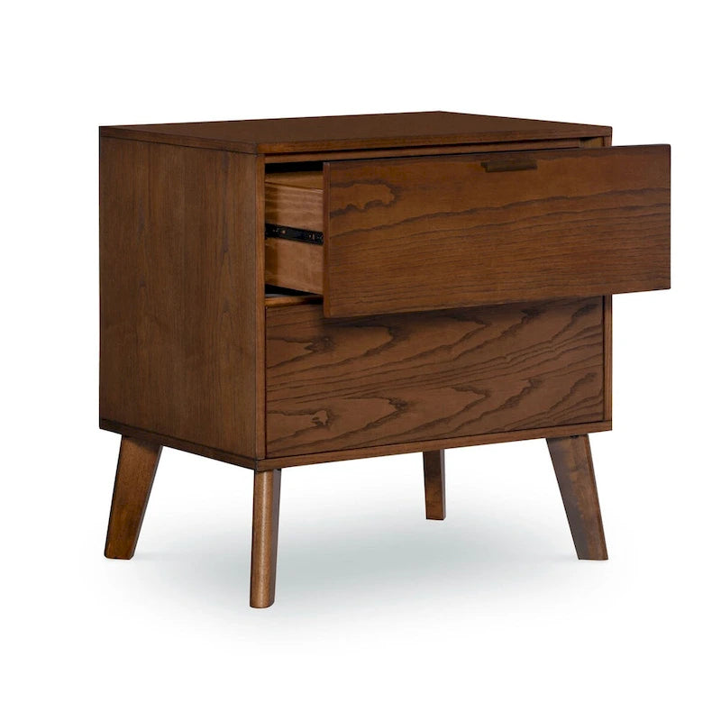 2-Drawer Nightstand with Bronze Pulls | Medium Brown Ash Wood | 27H x 25.25W x 18.5D | Tapered Legs