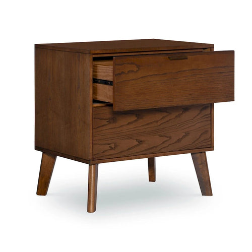2-Drawer Nightstand with Bronze Pulls | Medium Brown Ash Wood | 27H x 25.25W x 18.5D | Tapered Legs