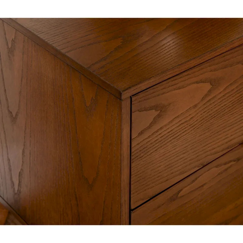 2-Drawer Nightstand with Bronze Pulls | Medium Brown Ash Wood | 27H x 25.25W x 18.5D | Tapered Legs