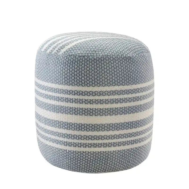 20" Round Pouf Ottoman - Blue & White Striped, Polyester, Indoor/Outdoor Footrest