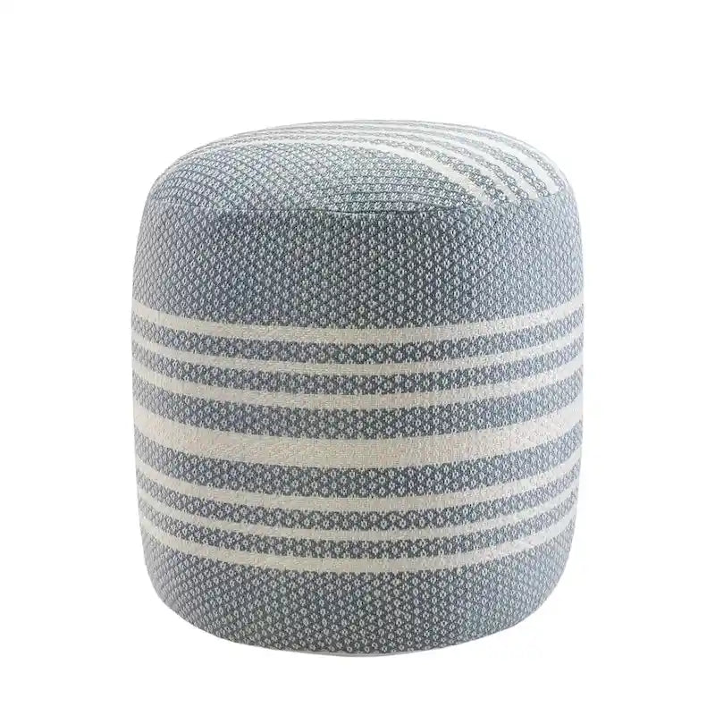 20" Round Pouf Ottoman - Blue & White Striped, Polyester, Indoor/Outdoor Footrest