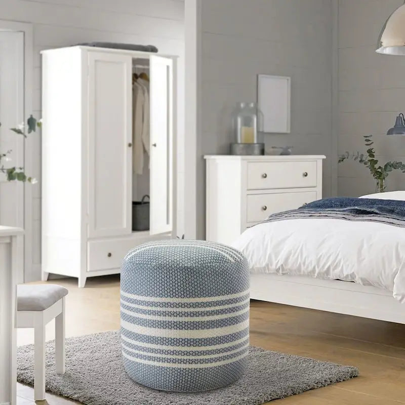20" Round Pouf Ottoman - Blue & White Striped, Polyester, Indoor/Outdoor Footrest