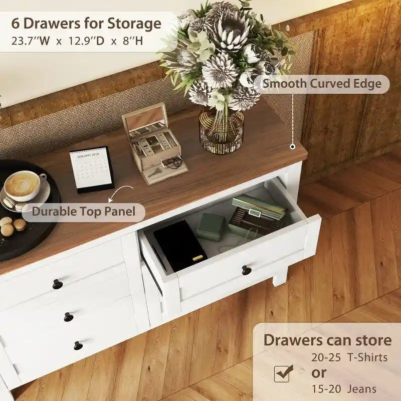 6-Drawer Farmhouse Dresser, Particle Board Storage Cabinet, 52.6" W, White or Antique Gray